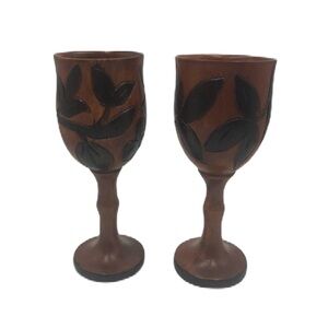 Vintage Hand Carved Wood Goblets Floral Design Collectible Set of 2